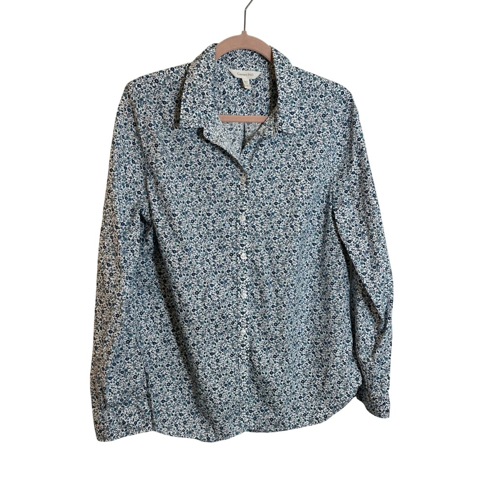 Garnet Hill Organic Pima Cotton Button Down Shirt Size 12 Blue Ditzy Floral Peru